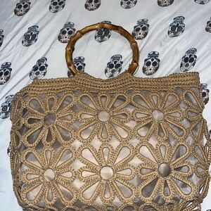 Crochet Top Handle Bag bamboo handles.  Vintage excellent condition.